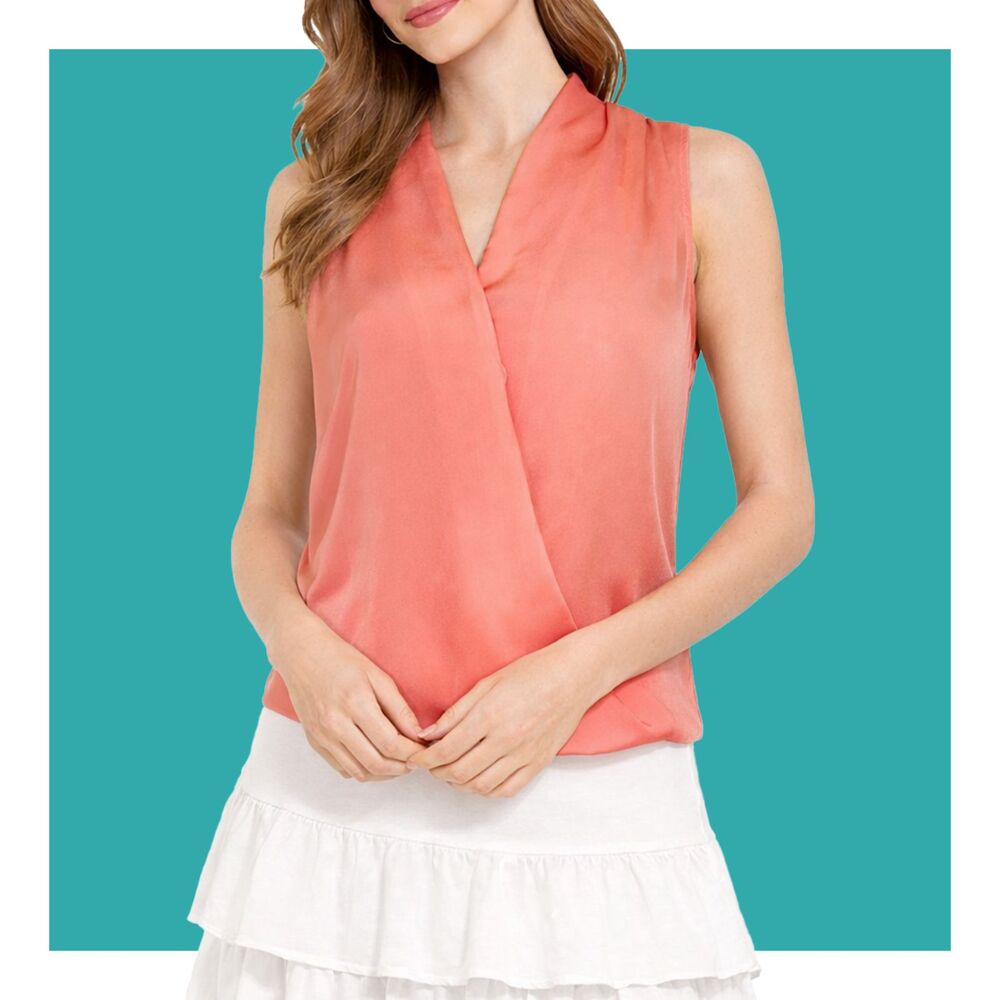 Chelsea28 Peach Coral Mock Wrap Snap Button Closure Sleeveless Blouse Top Size S